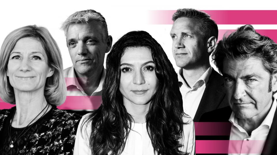 Ifølge de øverstkommanderende chefer i Netcompany, Microsoft Danmark, IBM Danmark, IT-Branchen og Deloitte skal Danmark satse på at skabe tillid til AI. PR-foto: Simon Fals, Jonas Pryner Andersen, Mathias Svold/Ritzau Scanpix Grafik: Janne Aagaard