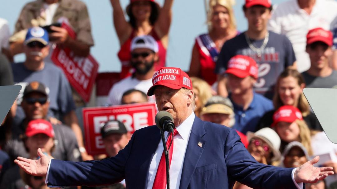 On June 18, ex-president of the United States Donald Trump gives a speech in the city of Racine in the state of Wisconsin as part of his presidential campaign leading up to the November election.
